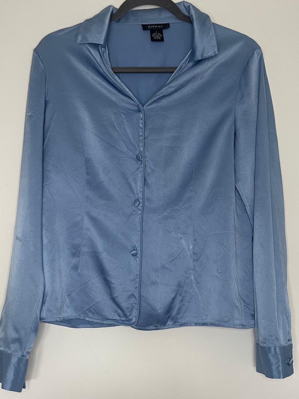 Vintage City Silk 100% Silk Button Down Blouse Size M Steel Blue Shirt